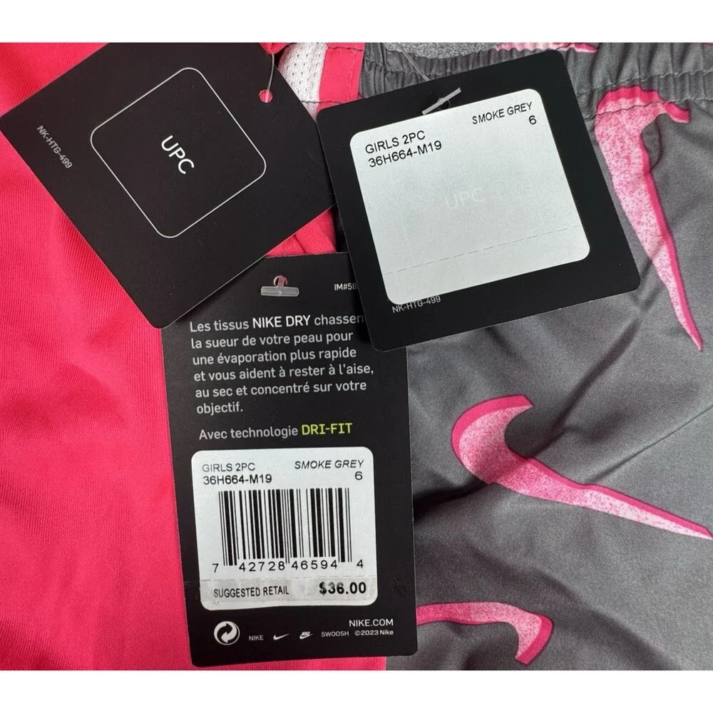 Nike Girls Size 6 Dri-Fit Set 2-Piece Pink Shirt Gray Shorts Athletic Casual New